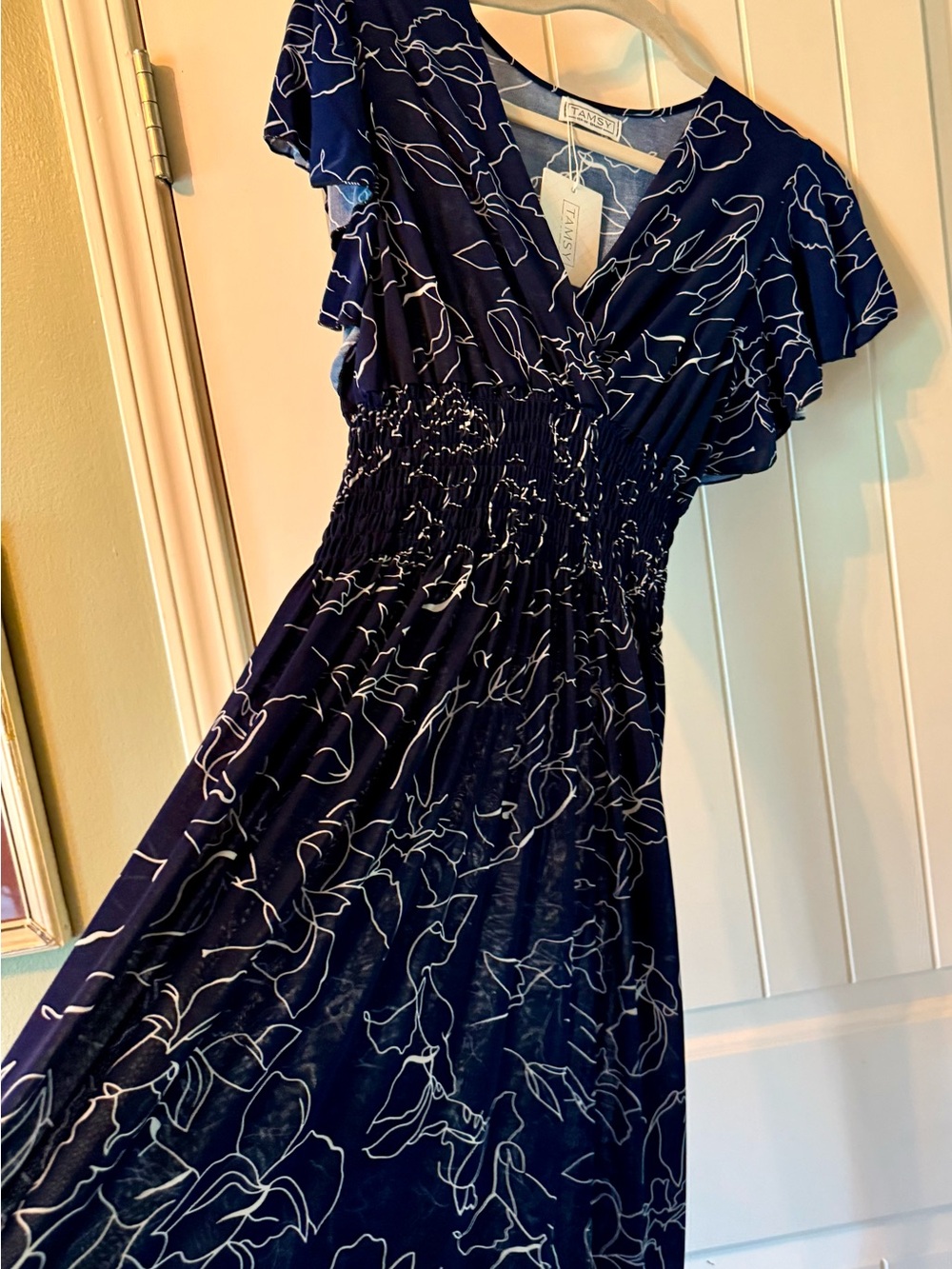 Tamsy Navy Floral V-Neck Smocked Maxi Dress Artsy Print